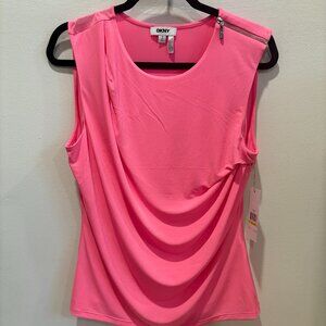 DKNY Women's Zip Shoulder Draped Sleeveless Top M Neon Pink NWT